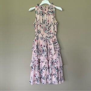 Eliza J Fairy Ruffle Dress Women 8 Pink Blush Tiered Floral Sleeveless Smocked